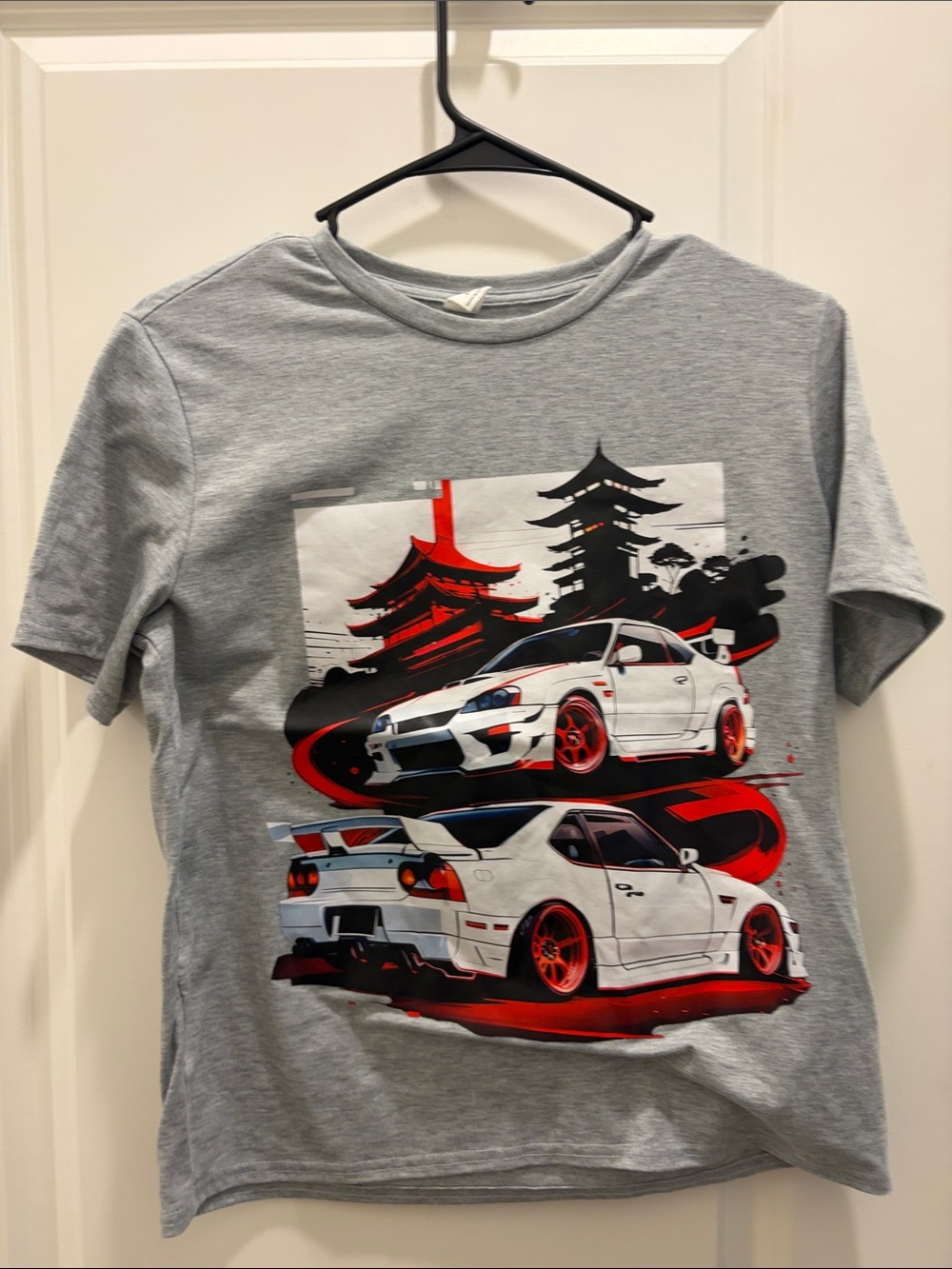 SHEIN Gray Tee with White Sport Cars and Red Accents